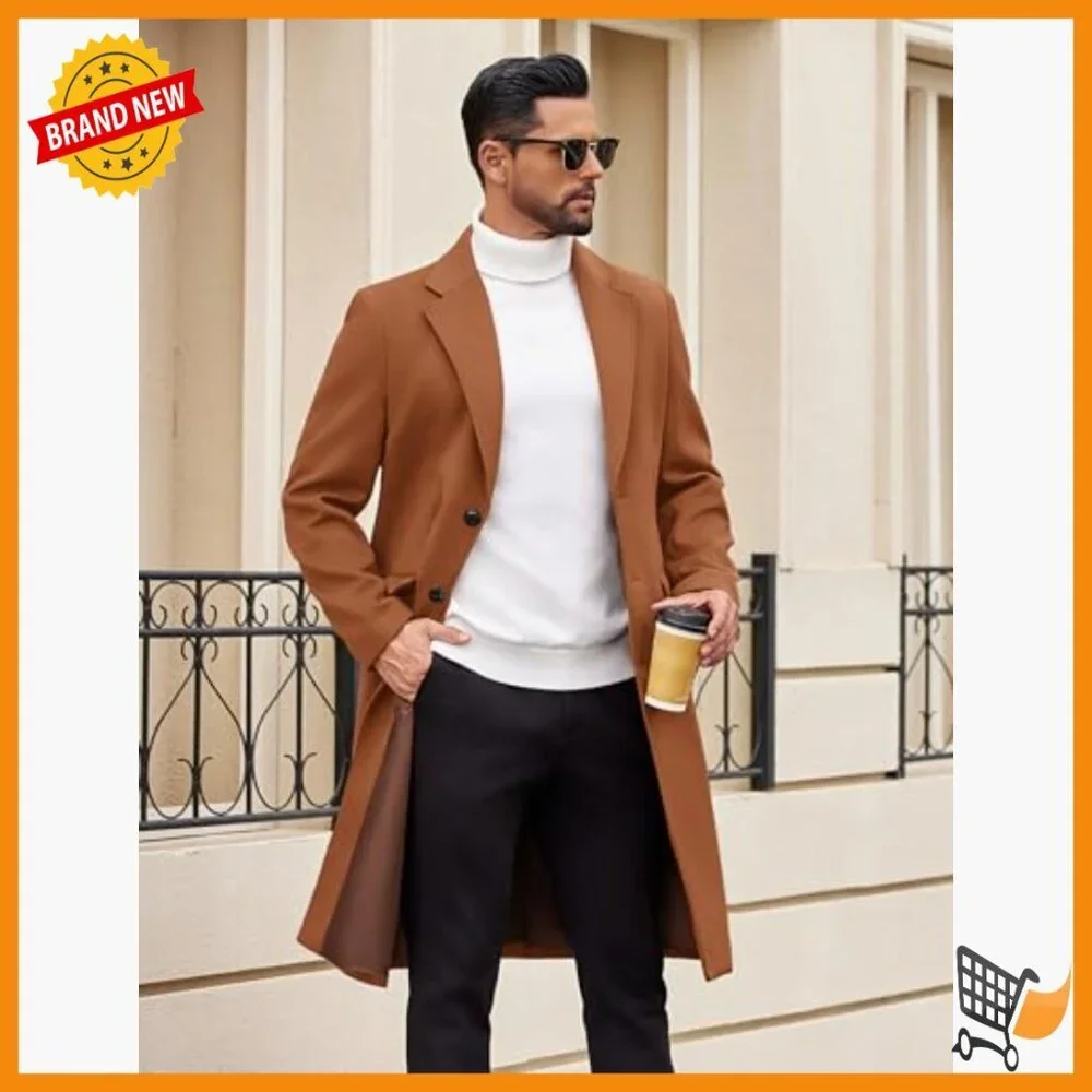 Men's Wool Blend Trench Coat Long Overcoat Notched Collar Classic Fit